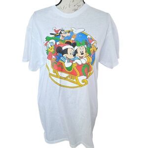 Unisex Sz Medium White Mickey Minnie Goofy Pluto Holiday Short Sleeve Shirt